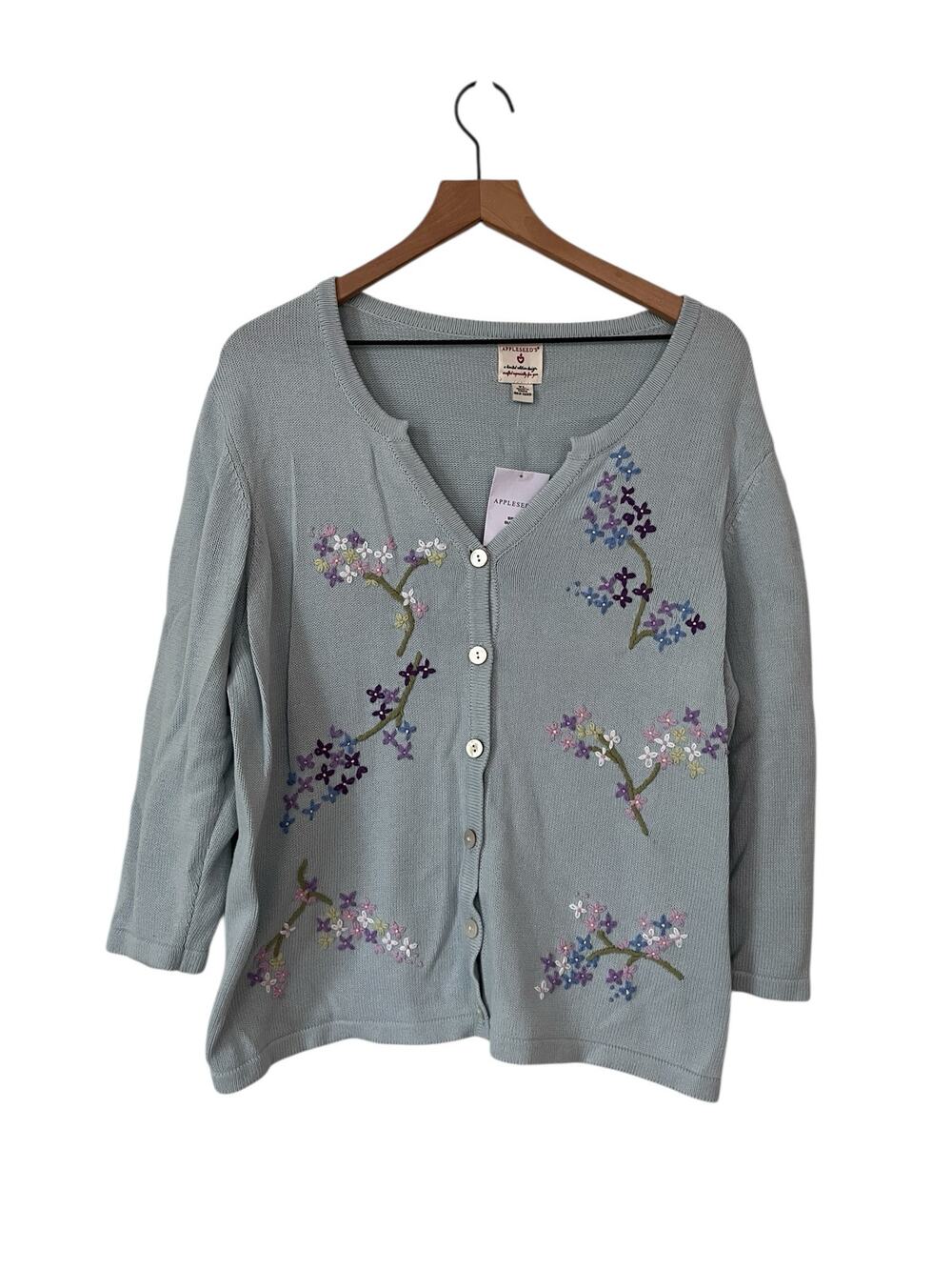 Appleseeds Womens Blue Floral Embroidered Button Closure Cardigan Size XL